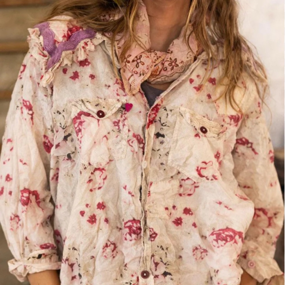 Magnolia Pearl Rose Print Button Down Shirt - Red and Cream